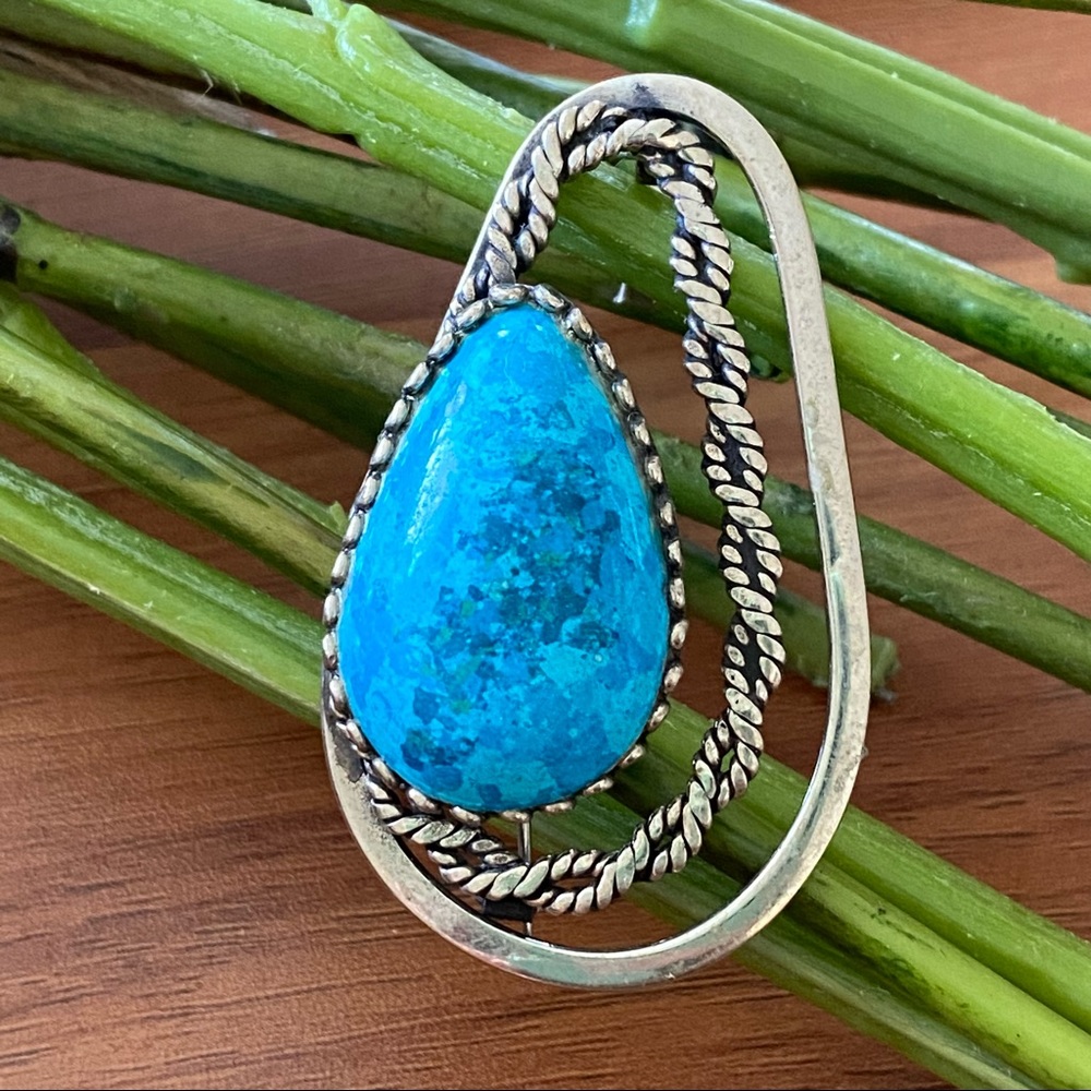 Unsigned Southwestern Sterling Silver Teardrop Turquoise Pendant Brooch